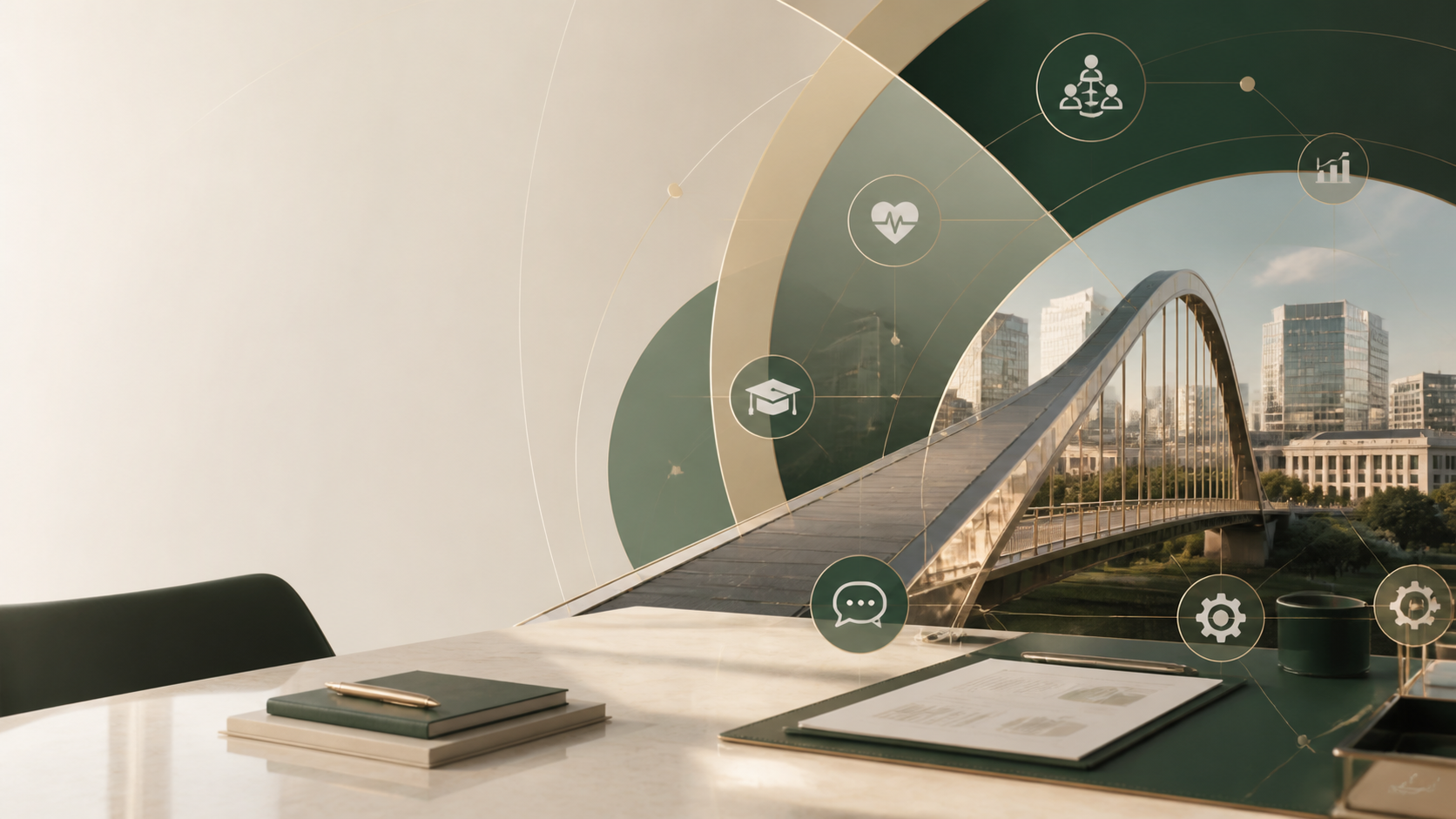 Abstract strategic bridge connecting institutions, technology, healthcare, education, and communication.